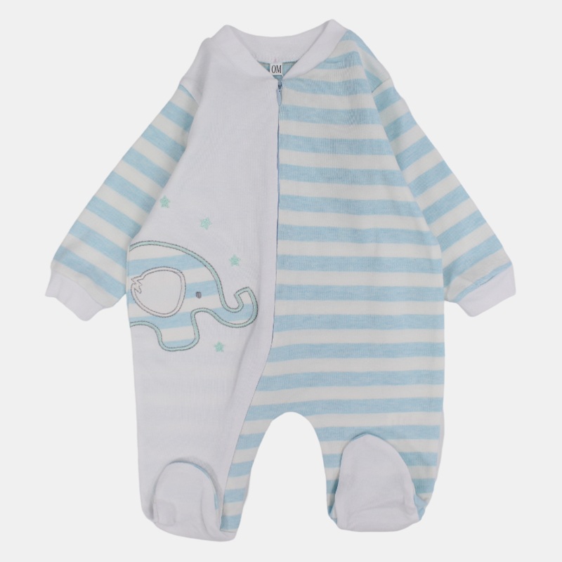 Baby Boys Long-Sleeved Baby Footie  Light Blue & White Elephant Print