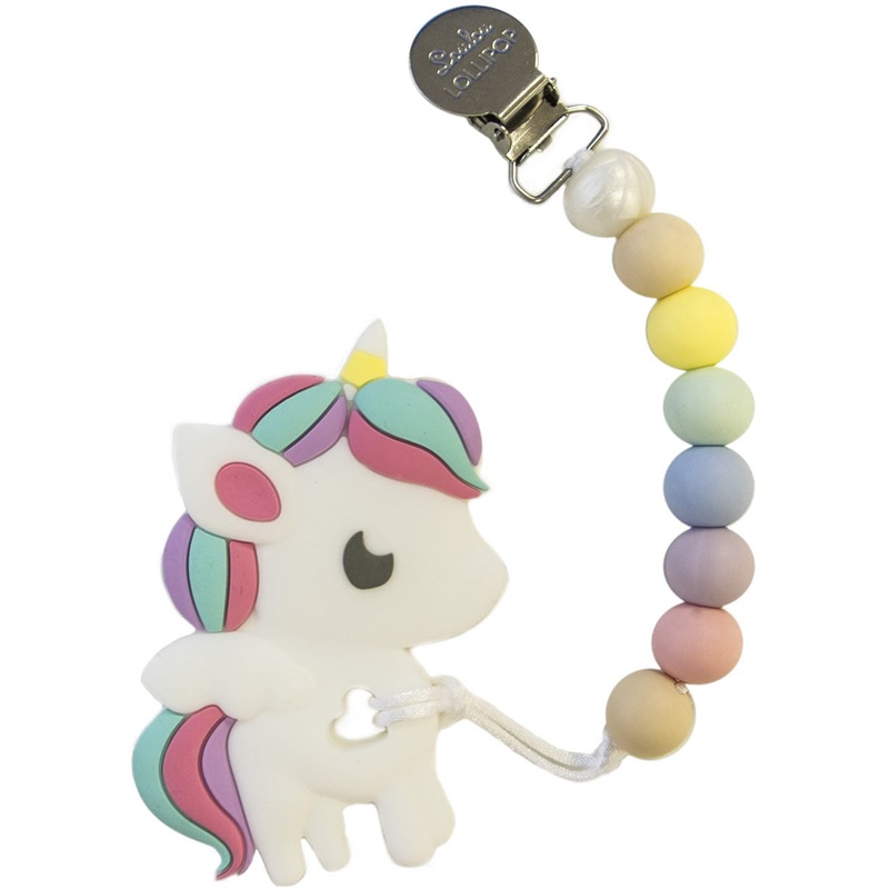Loulou Lollipop Silicone Teether with Clip – Rainbow Unicorn/Cotton Candy