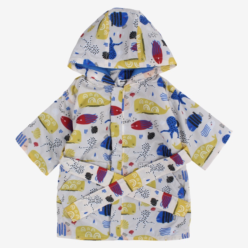 Unisex Baby Waterproof Swim Robe  Beige with Fish Prints