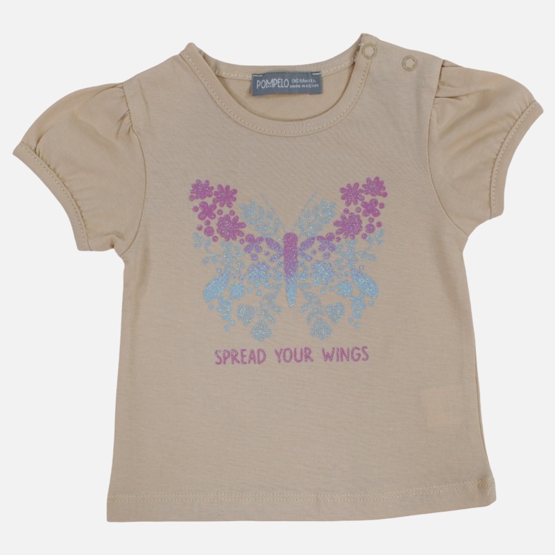 Baby Girls Cotton T-Shirt  Beige with Butterfly Design