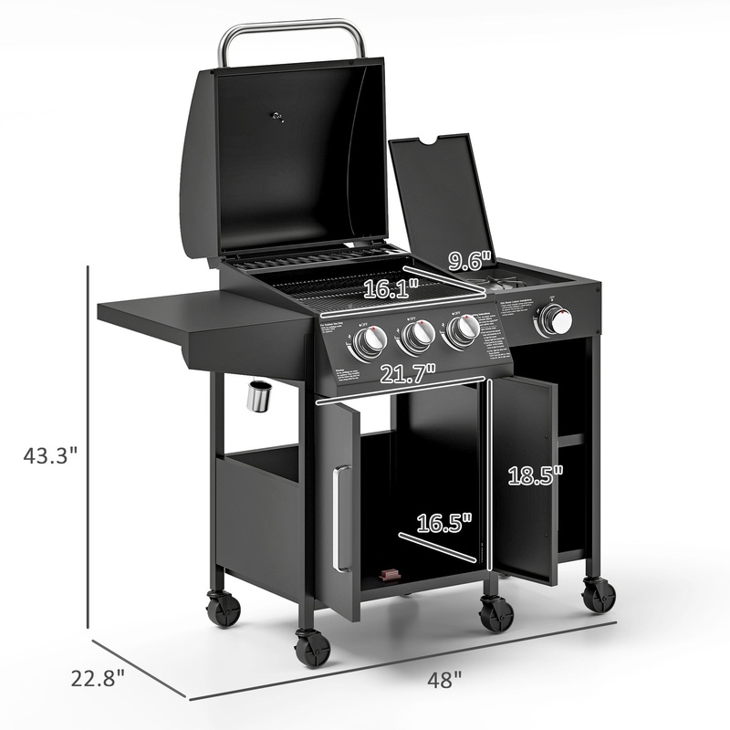 Outsunny 3 Burner Propane Gas Grill with Side Burner