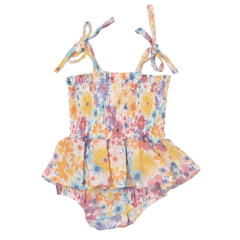 Smocked Bubble with Skirt Painty Bright Floral 0-3M