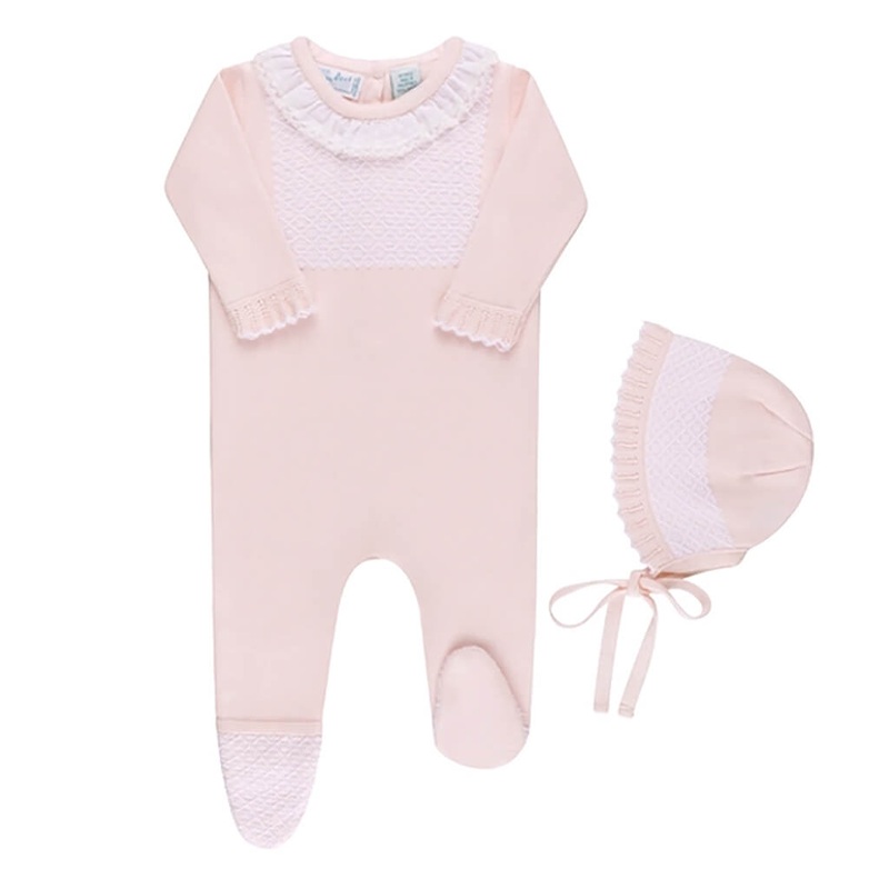 Jacquard Ruffled Knit Romper Footie & Bonnet