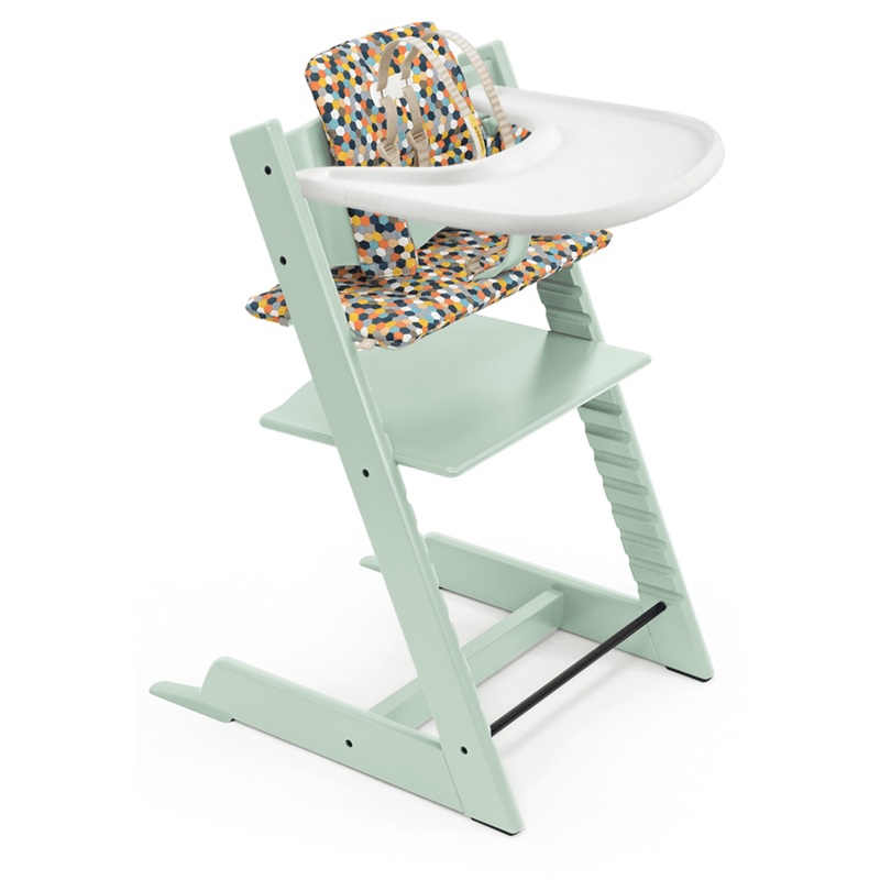 Tripp Trapp High Chair and Cushion with Stokke Tray Bundle – Soft Mint / Honeycomb Happy / White