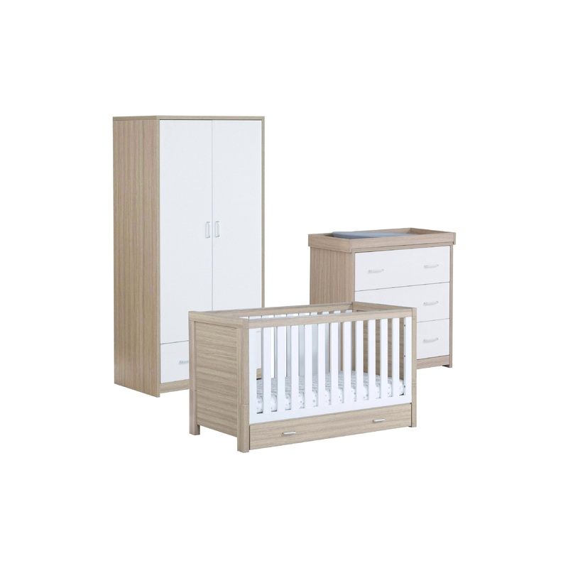 Babymore Luno White Oak Room Set 3 piece – Cot Bed with drawer, Chest, & Wardrobe