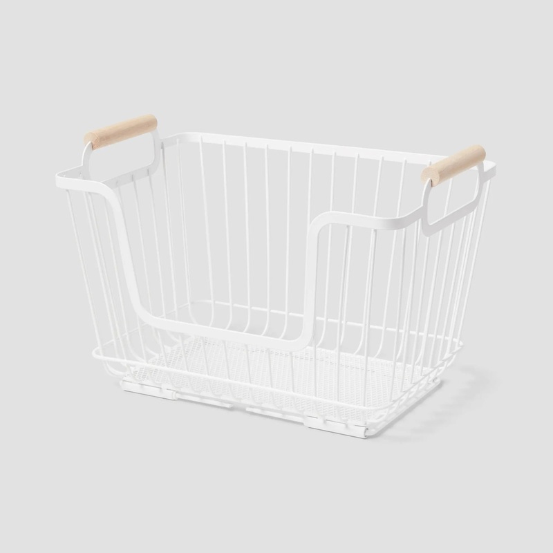 Metal Stackable Wire Pantry Basket with Wood Handle
