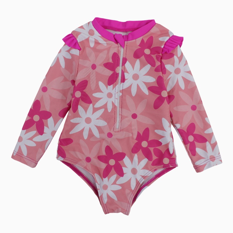 Baby Girls Long-Sleeved Swimsuit  Salmon/Pink with Flowers