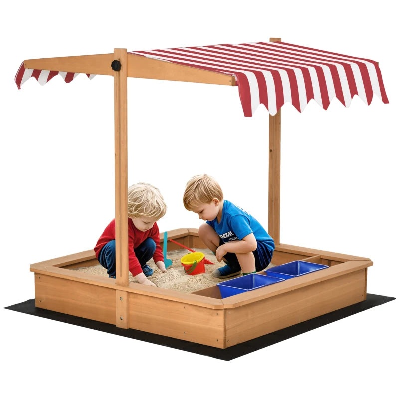 Outsunny Kids Wooden Sandbox with Adjustable Height Cover and Toy Bin Storage – Red Stripe