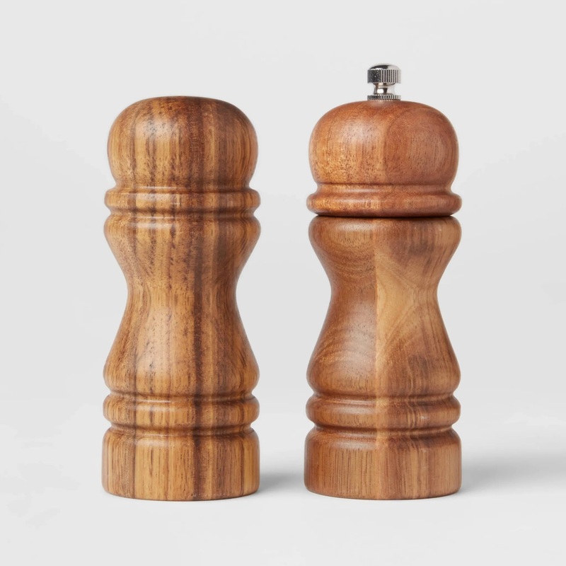 2pc Acacia Turned Salt Shaker and Pepper Grinder Set