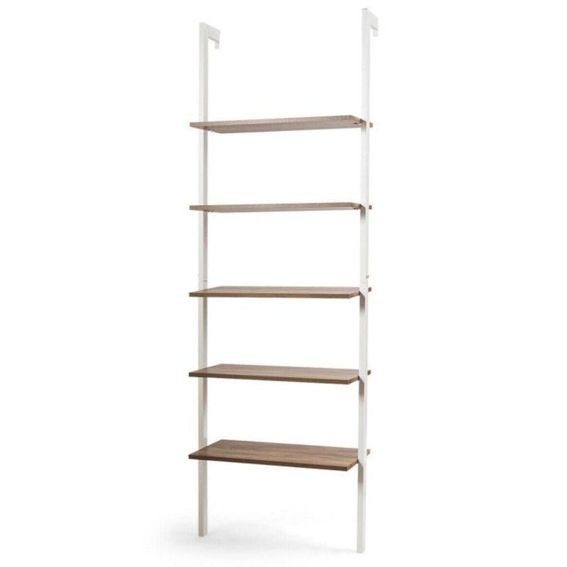 5-Tier Wood Look Ladder Shelf With Metal Frame for Home-White