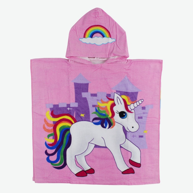 Girls Poncho Beach Towel with Hoodie – Pink with Unicorn Print