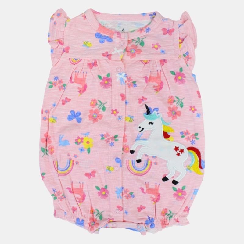 Baby Girls Cotton Romper  Pink with Unicorn and Flowers Print