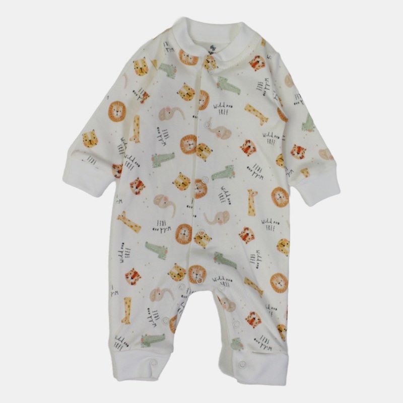 Baby Boys’ Cotton Onesie  Off-White with Animal Print