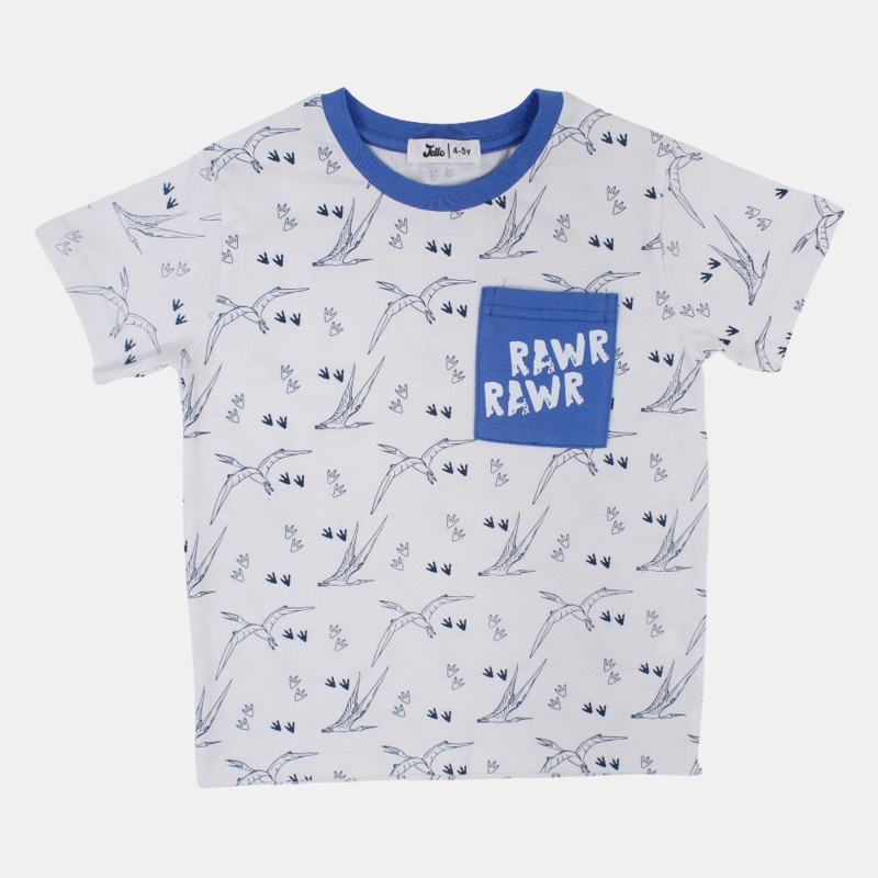 Boys Cotton T-Shirt – White with Flying Dinos Print