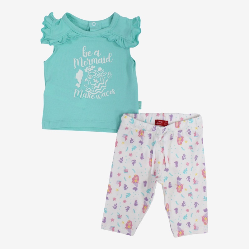 Baby Girls Cotton Pajama Set  Aqua with Mermaid Design