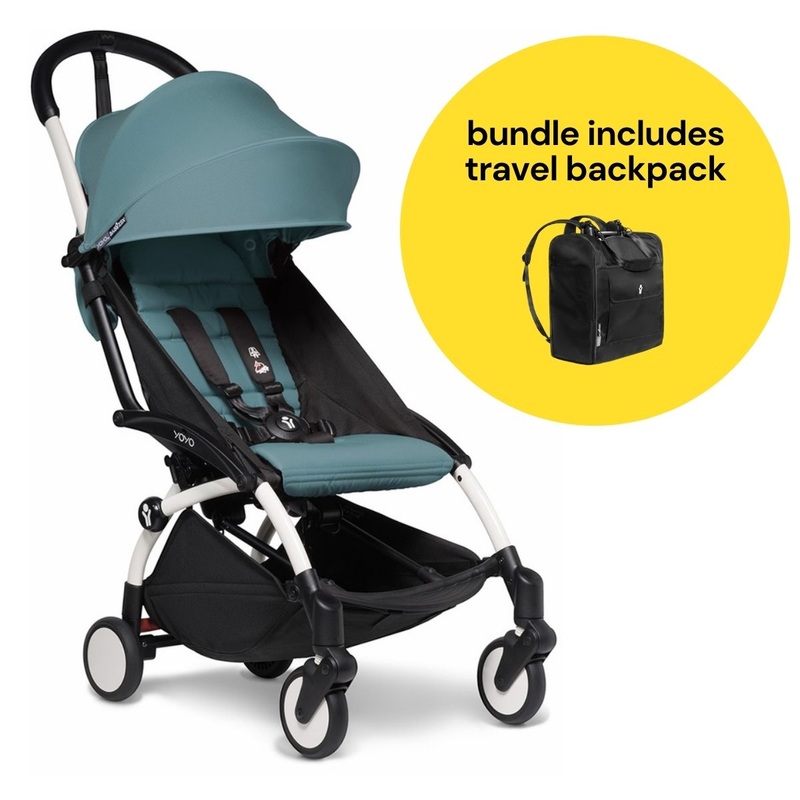 Babyzen YOYO2 Ultra Compact 6+ Stroller + Travel Backpack Bundle – White / Aqua