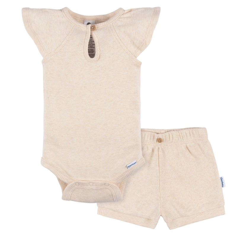 2-Piece Baby Girls Light Oatmeal Heather Bodysuit and Shorts Set