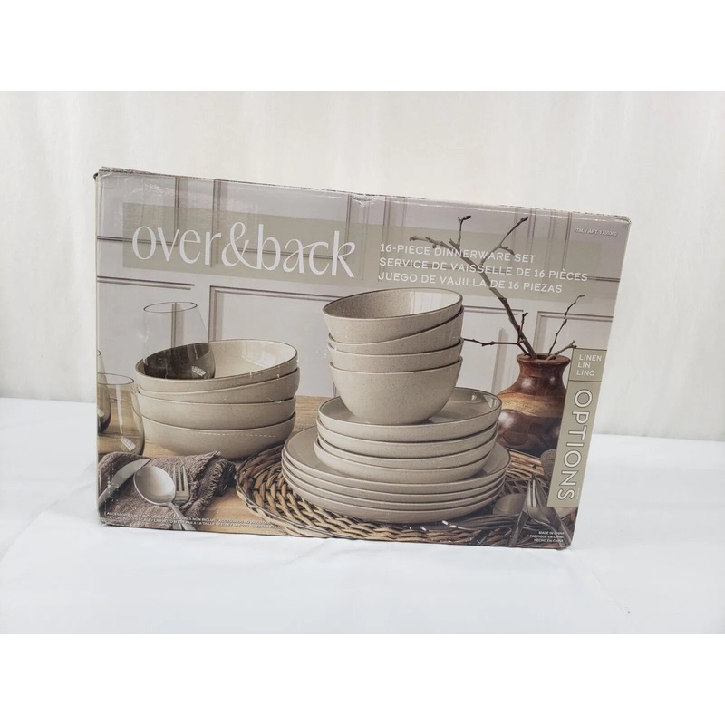 New BEIGE Over&back 14 Pc Dinnerware Stoneware Dinner Plate and Bowl Set