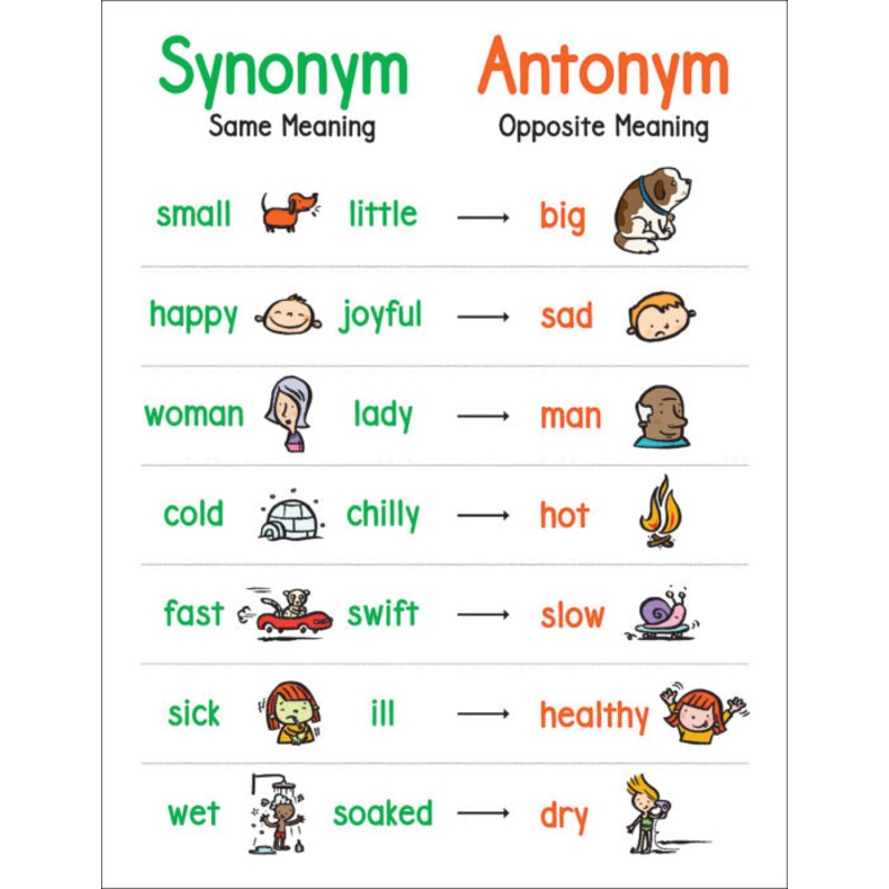 Synonym and Antonym Anchor Chart With Pictures
