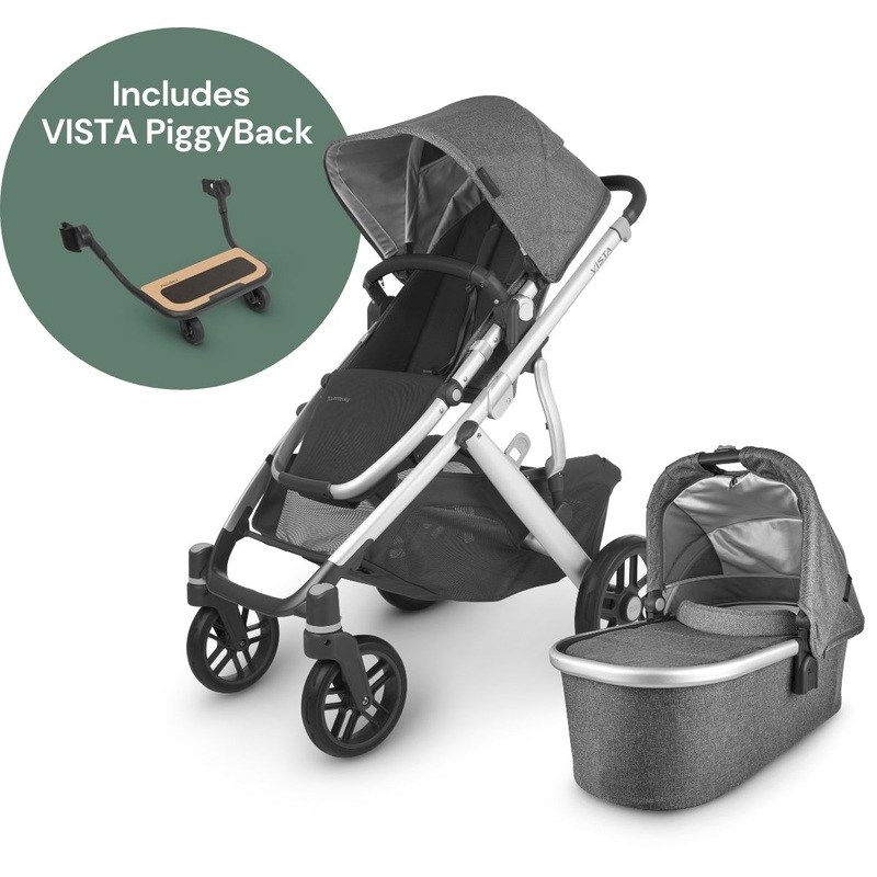 UPPAbaby Vista V2 Single-to-Double Stroller + PiggyBack Ride-Along Bundle – Jordan (Charcoal Melange)