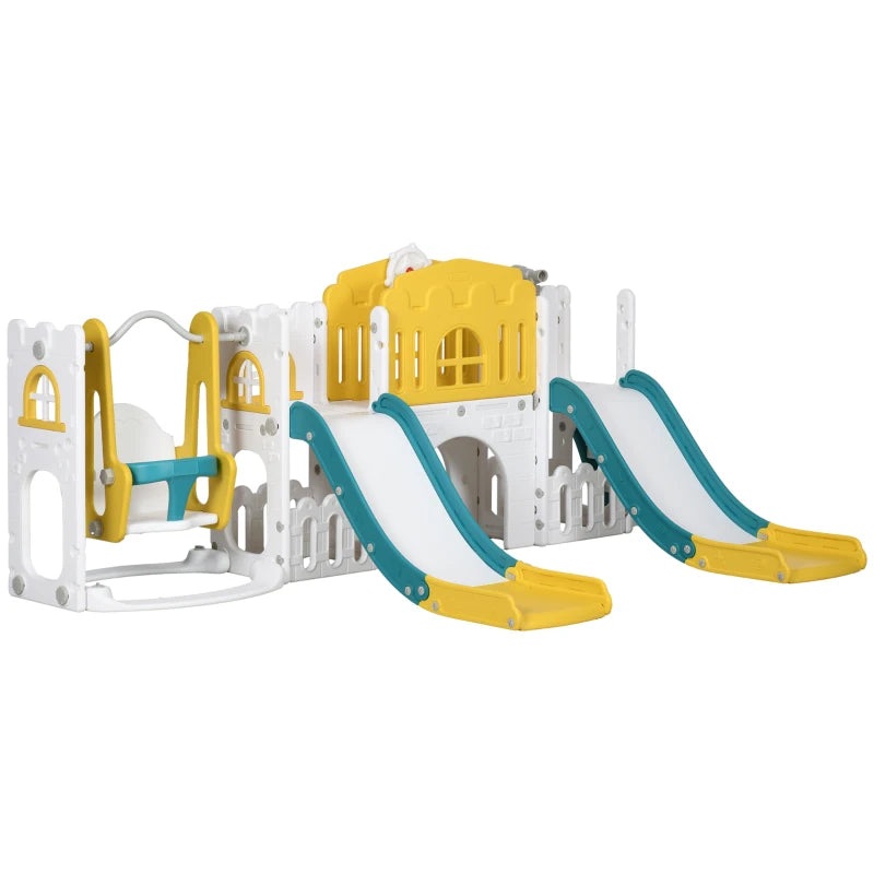 Qaba 8 in 1 Toddler Slide and Swing Set w/ 2 Slides, Basketball Hoop, Climber, Storage Space Telescope, Yellow