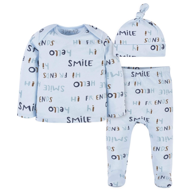 3-Piece Baby Boys Comfy Stretch “Smile” Long Sleeve Shirt, Footed Pant, & Cap Set