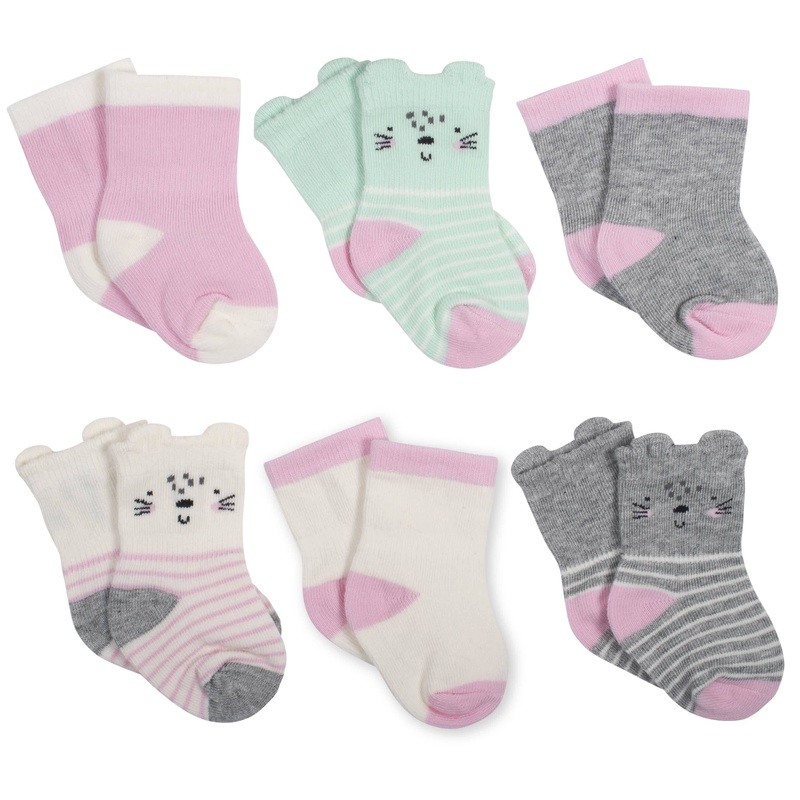 6-Pack Baby Girls Kitty Jersey Crew Wiggle Proof Socks