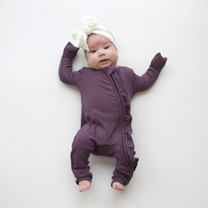 Ribbed Ruffle Zipper Romper in Currant