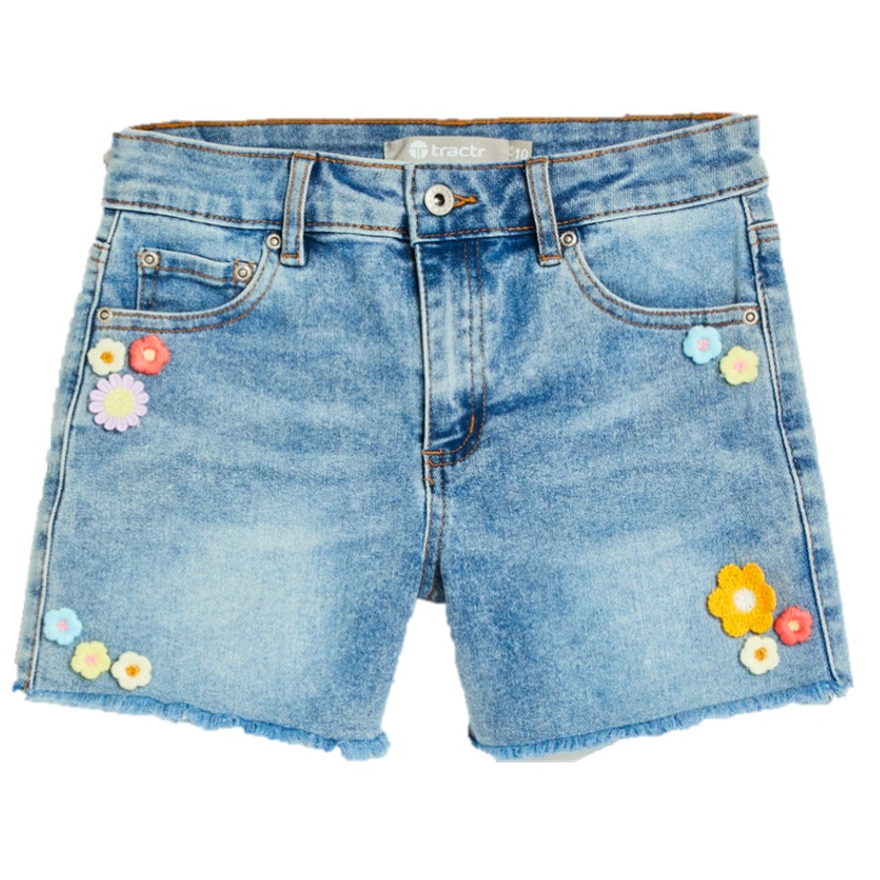 Tractr Stretch Denim Short with Crochet Flowers