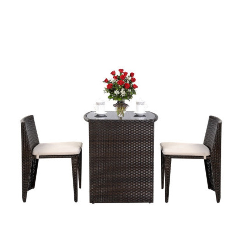 3 Pieces Cushioned Wicker Patio Bistro Set With No Assembly Needed