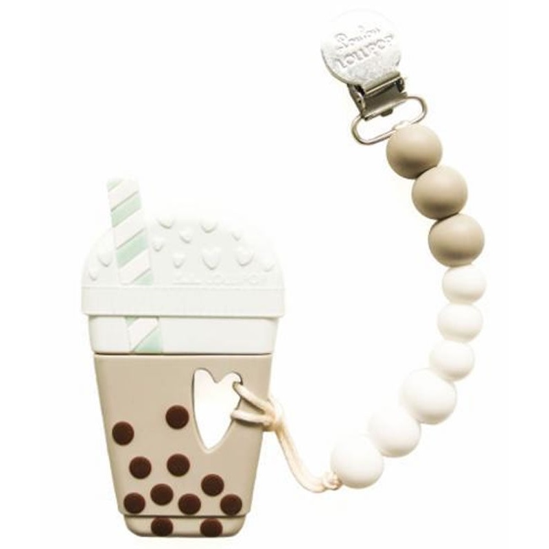 Loulou Lollipop Silicone Teether with Clip – Bubble Milk Tea – Taupe/Brown