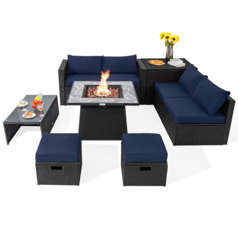 9 Pieces Outdoor Wicker Sectional With 35 Inch Gas Fire Pit Table-Navy