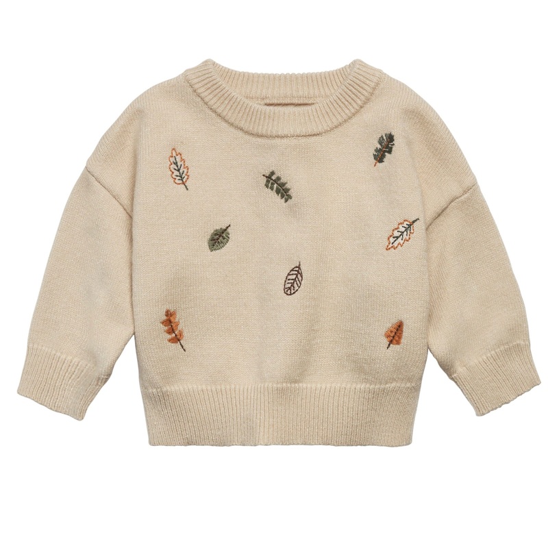 Baby Neutral Light Beige Embroidered Leaves Viscose Sweater