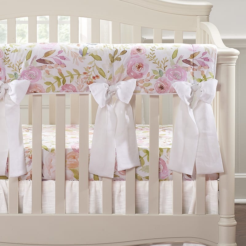 Blush Watercolor Floral Crib Rail Cover With 4 Pre-Tied Oversized Bows