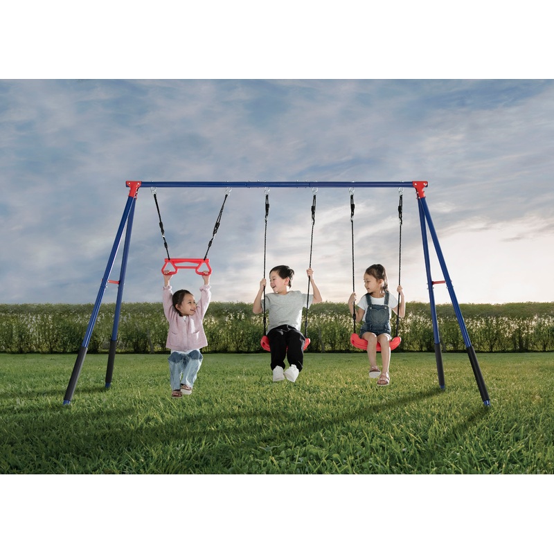 FunZone Outdoor Metal 3-Piece Swing Set – Includes 2 Swings and 1 Trapeze Bar