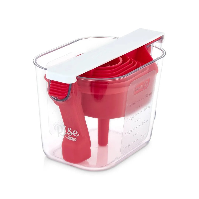 Essentials 15 Piece Nesting Measuring Set With 6 Measuring Spoons, 4 Dry Measuring Cups, Funnel, Leveler, Egg Separator & Sifter – Red
