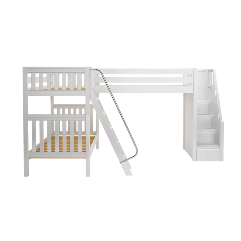 High Corner Triple Loft Bunk with Stairs and Angled Ladder Bunks