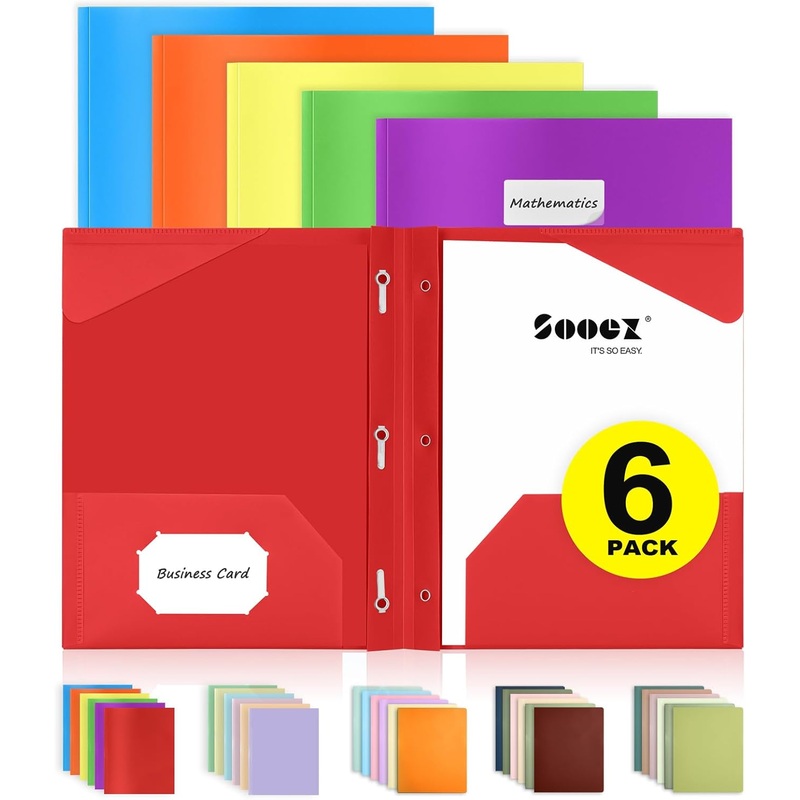 Duotangs: Sooez 6 Pack Pocket Folder with Prongs, Heavy Duty Plastic Folders  with Pockets and Prongs, Two Pocket File Folders 3 Prong Folders Back to  School Supplies for Kids, Letter Size A4,Bright Color