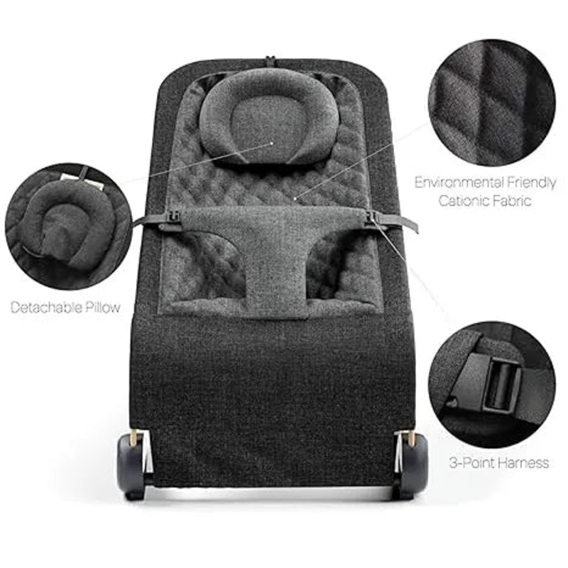 Fodoss Portable Baby Bouncer Chair – Ergonomic Design for Infants 0-12 Months, Black