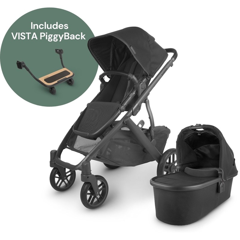 UPPAbaby Vista V2 Single-to-Double Stroller + PiggyBack Ride-Along Bundle – Jake (Black/Carbon/Black Leather)