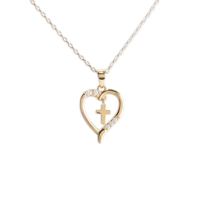 Cherished Moments Gold-Plated Children’s Cross Heart Necklace for Girls