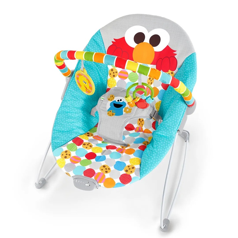 Bright Starts Sesame Street Baby Bouncer Soothing Vibrations Infant Seat – I Spot Elmo! with Cookie Monster and Big Bird – Removable-Toy Bar, 0-6 Months Up to 20 lbs