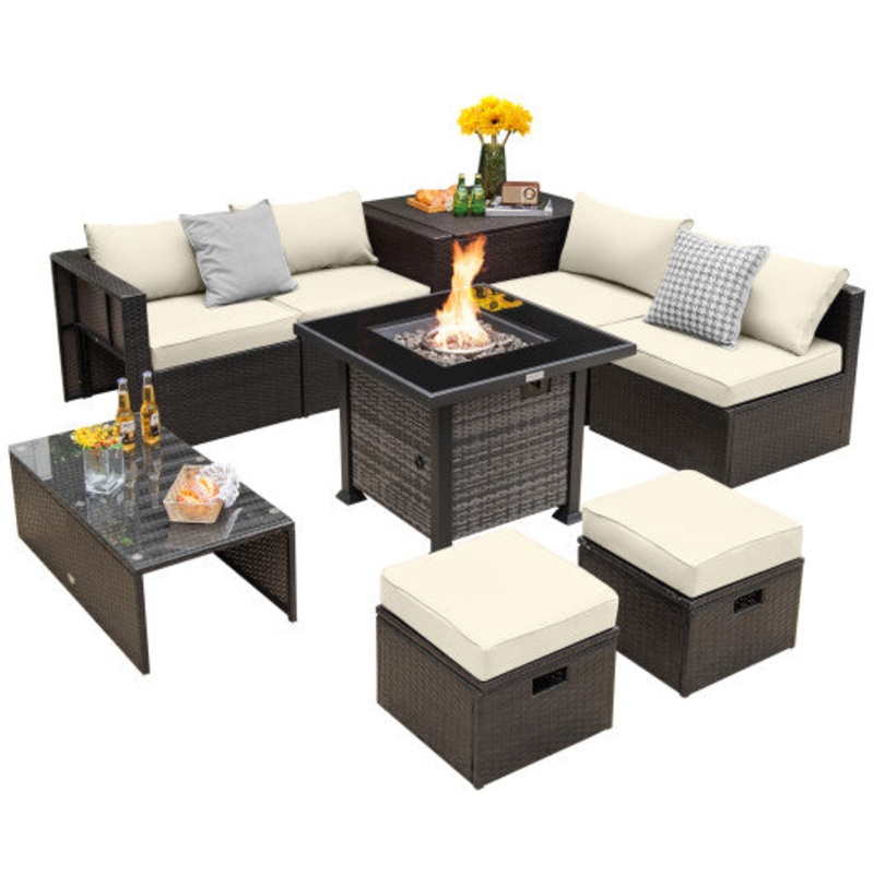 Outdoor 9 Pieces Patio Furniture Set With 50 000 BTU Propane Fire Pit Table-Off White