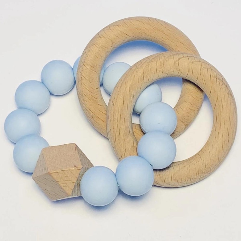 Sugar + Maple Silicone + Beechwood Teether 2-Ring – Blue