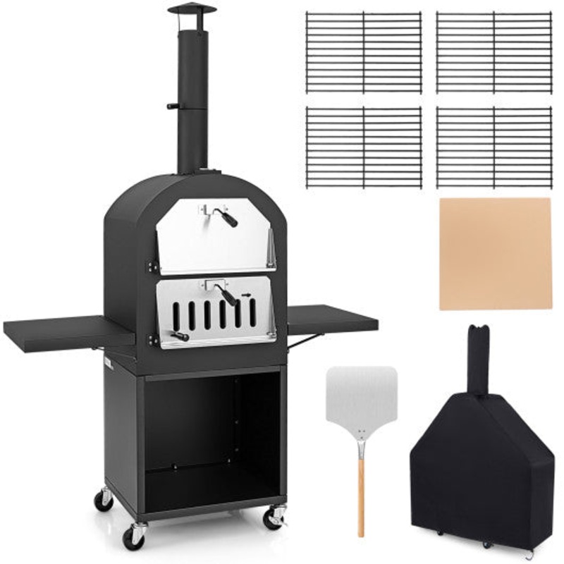 Outdoor Pizza Oven With Protective Cover and Grill Racks and Built-in Thermometer