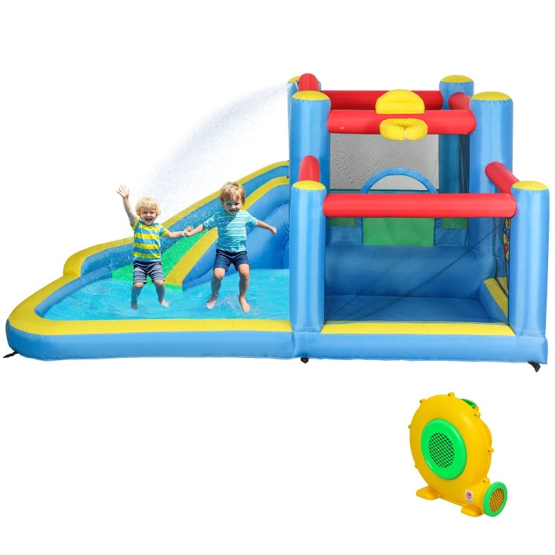 Qaba Inflatable Water Slide Bounce House w/ 550W Blower, Large Trampoline, Splash Pool, Basketball Hoop, Dart Board