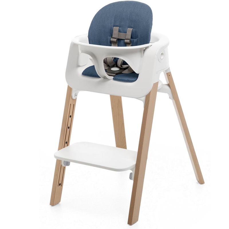 Stokke Steps Chair + Cushion (No Tray) – White/Natural/Blue