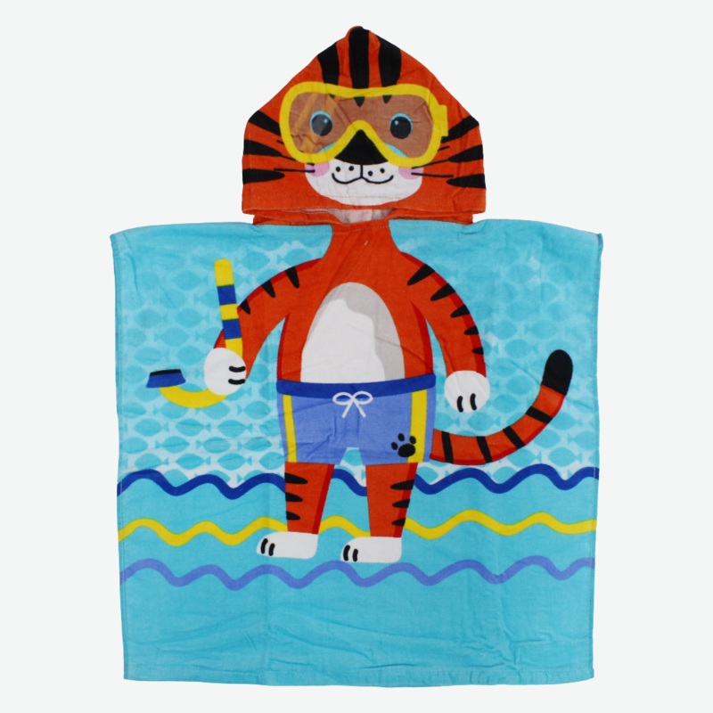 Boys Poncho Beach Towel with Hoodie  Aqua with Tiger Print
