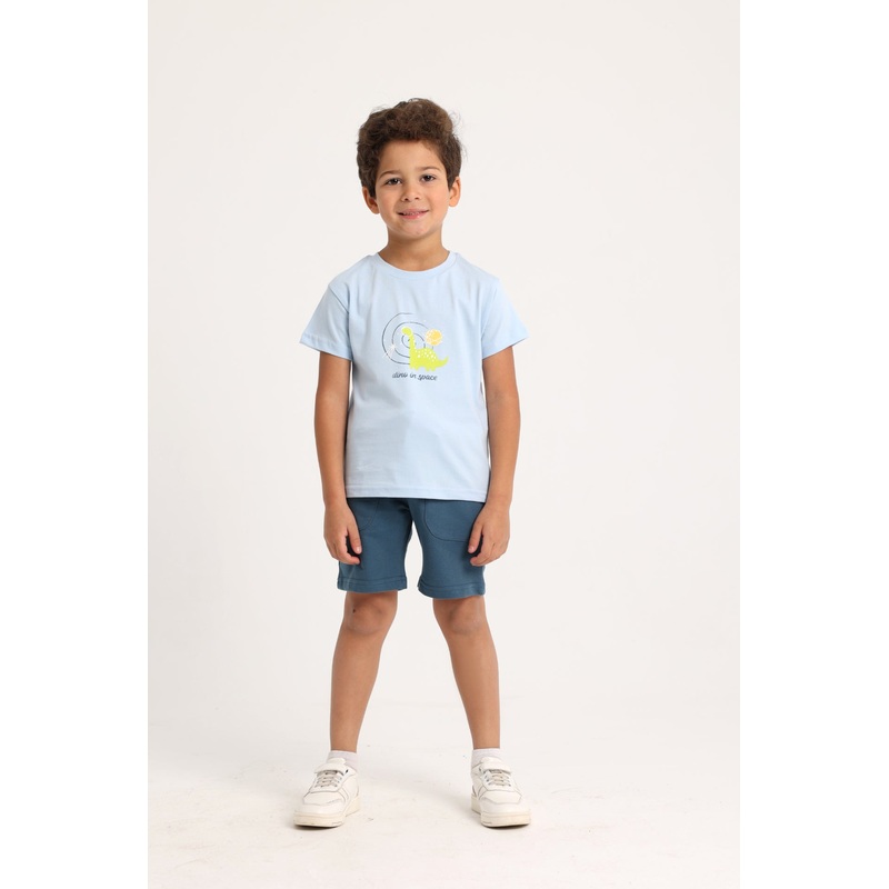Baby Boys Cotton 2-Piece Outfit Set – Babyblue with Dino in Space