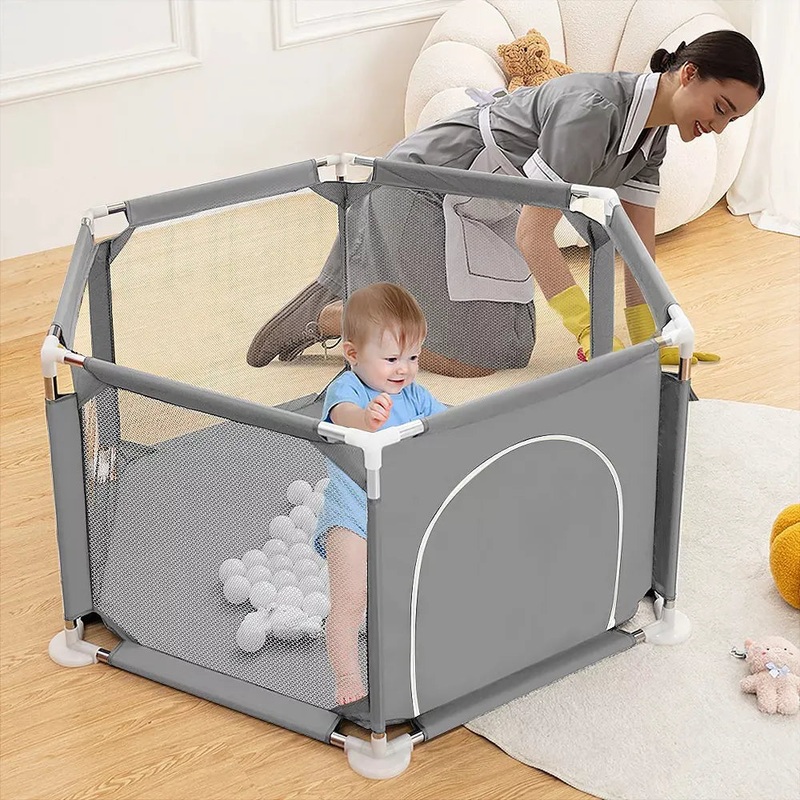 Baby Playpen Foldable Playard with Basketball Hoop – Gray
